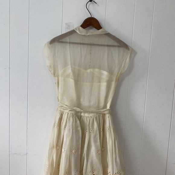 1950s Sheer Eyelet Embroidered Organza Party Dress Rounded Collar Satin Buttons - Picture 8 of 12